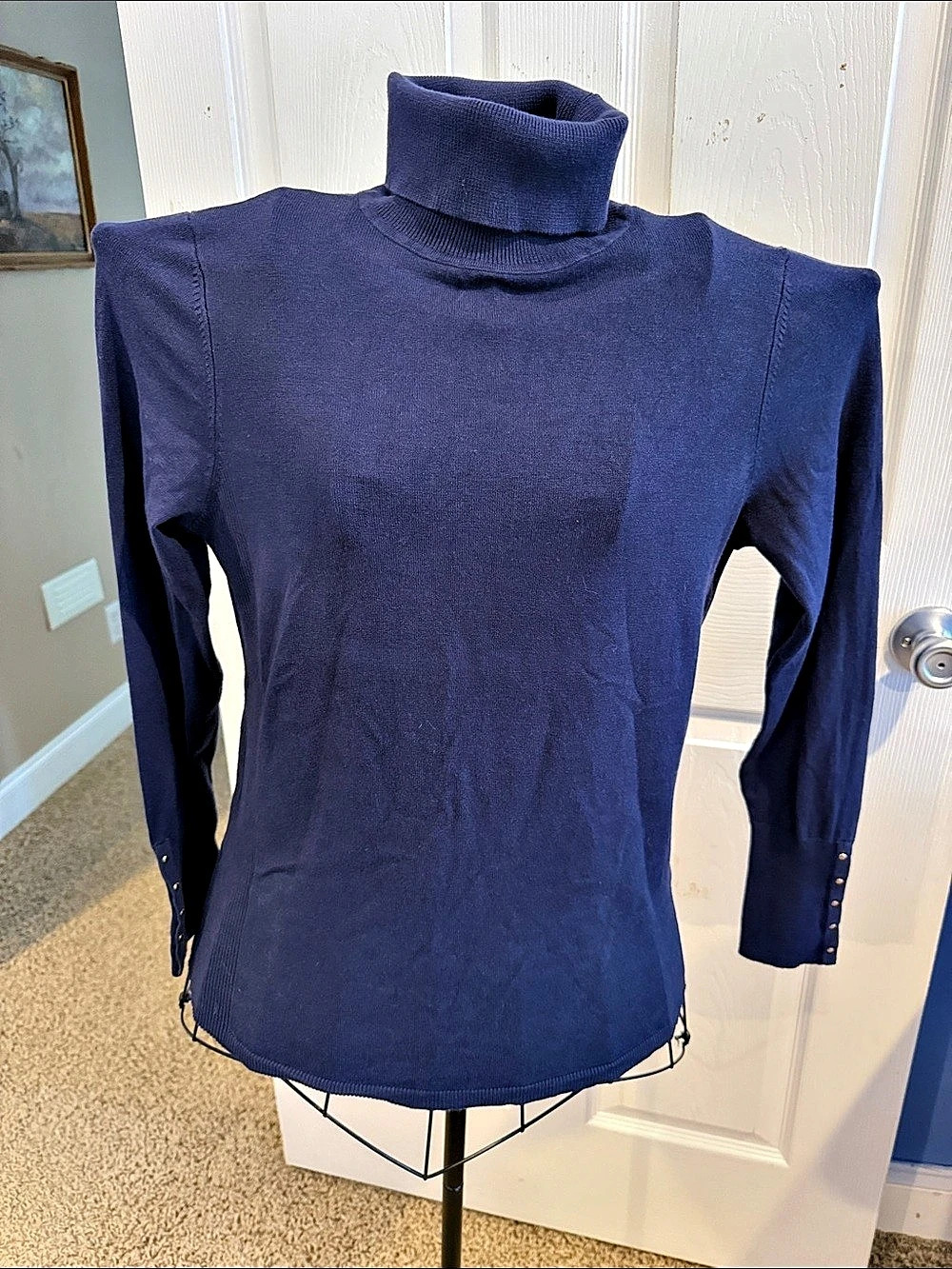 JM Collection Navy Blue Lightweight Turtleneck Sweater Small Long Sleeve Blouse